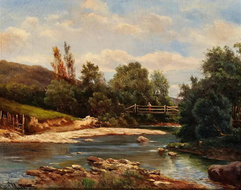 Landschaft mit Bach und Brücke von Carl Moll