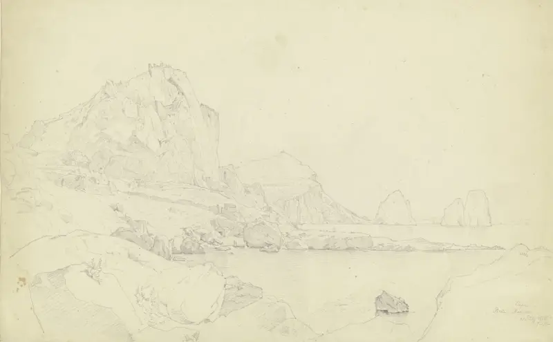 Monte Castiglione med fästningen på toppen, i bakgrunden Villa Jovis på Monte Tibero, till höger Faraglioni utanför Capri av Carl Morgenstern