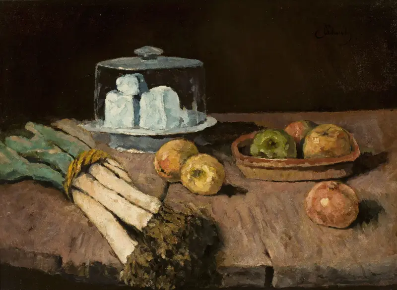 Stilleben med purjolök, äpplen och ost av Carl Schuch