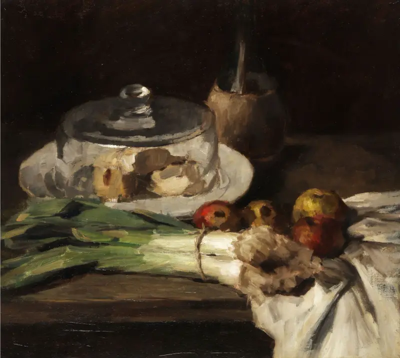 Stilleben med purjolöksknippe, ostklocka och äpplen av Carl Schuch