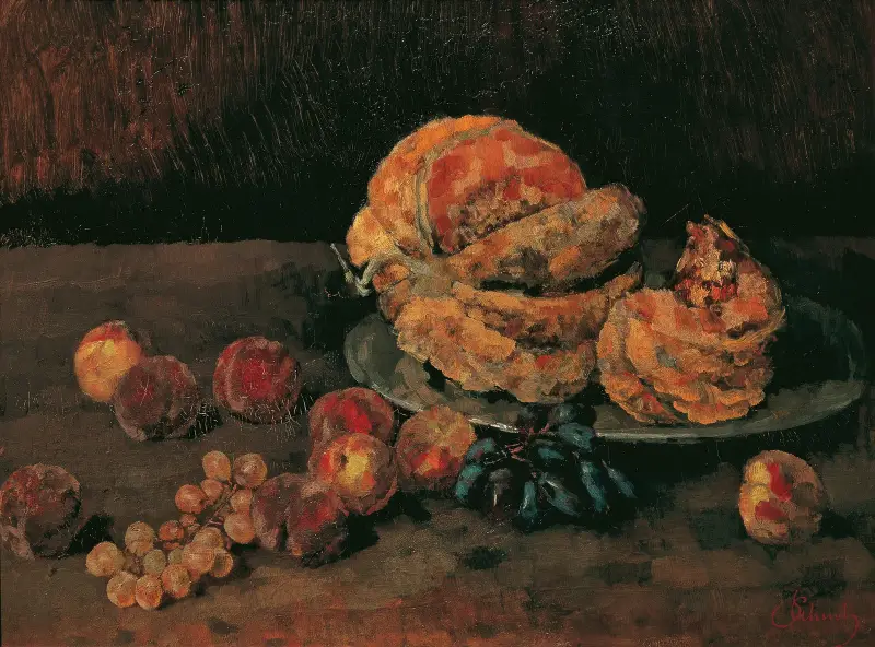 Stilleben med pumpa, persika och vindruvor av Carl Schuch