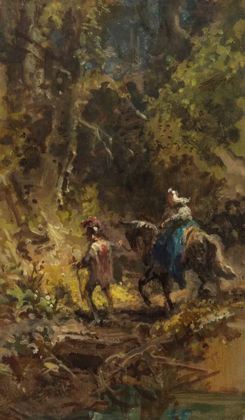 Korsfarare med dam i skogslandskap av Carl Spitzweg