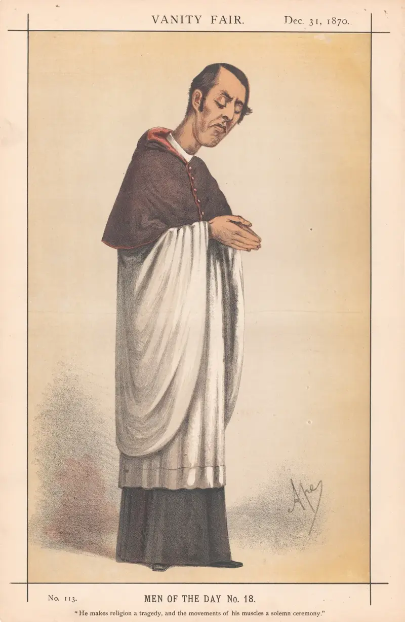 Prästerskap. ”Han gör religionen till en tragedi och sina muskelrörelser till en högtidlig ceremoni.” Mackonchie. 31 december 1870 av Carlo Pellegrini