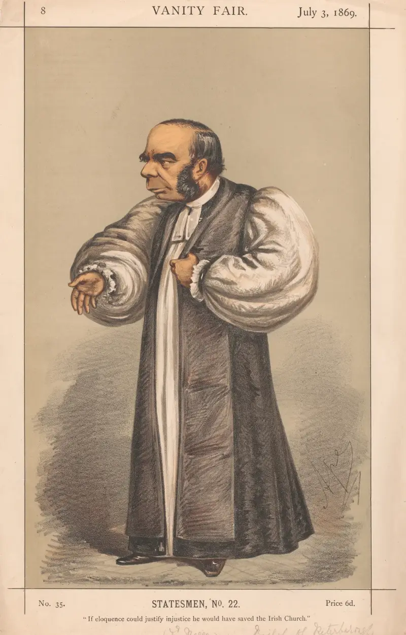 Prästerskap. ”Om vältalighet kunde rättfärdiga orättvisa skulle han ha räddat den irländska kyrkan.” Biskopen av Peterborough. 3 juli 1869 av Carlo Pellegrini