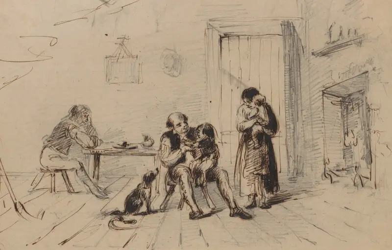 Fünf Familienmitglieder und Hund in einer Hütte von Felix Octavius Carr Darley
