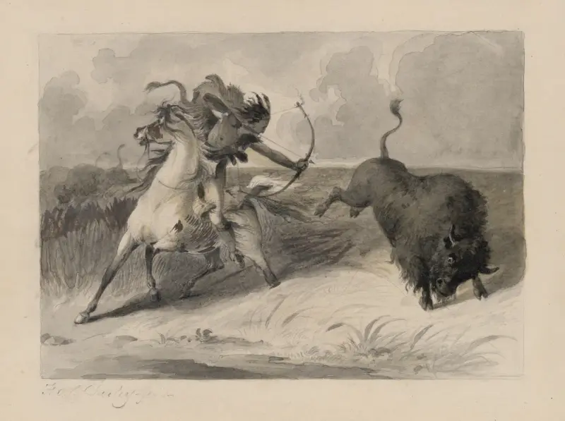 Indian till häst jagande bison av Felix Octavius Carr Darley