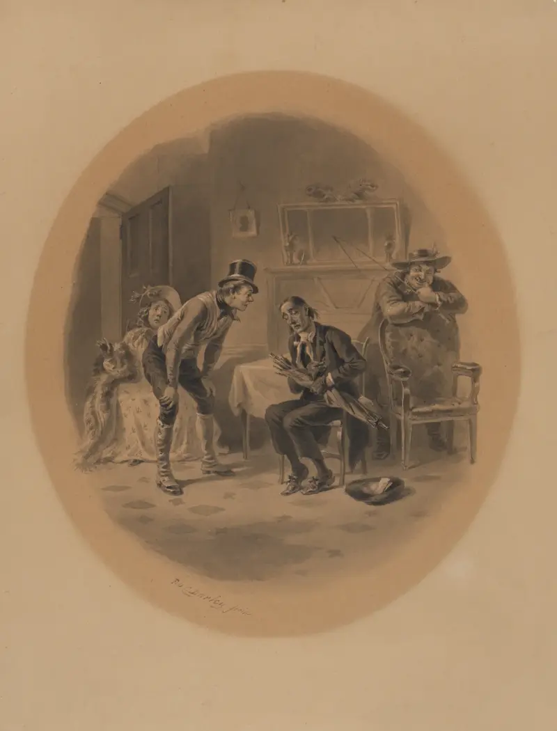 Scen från Pickwickklubben; sittande man med paraply av Felix Octavius Carr Darley