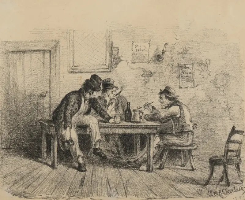 Three drinkers seated at table av Felix Octavius Carr Darley