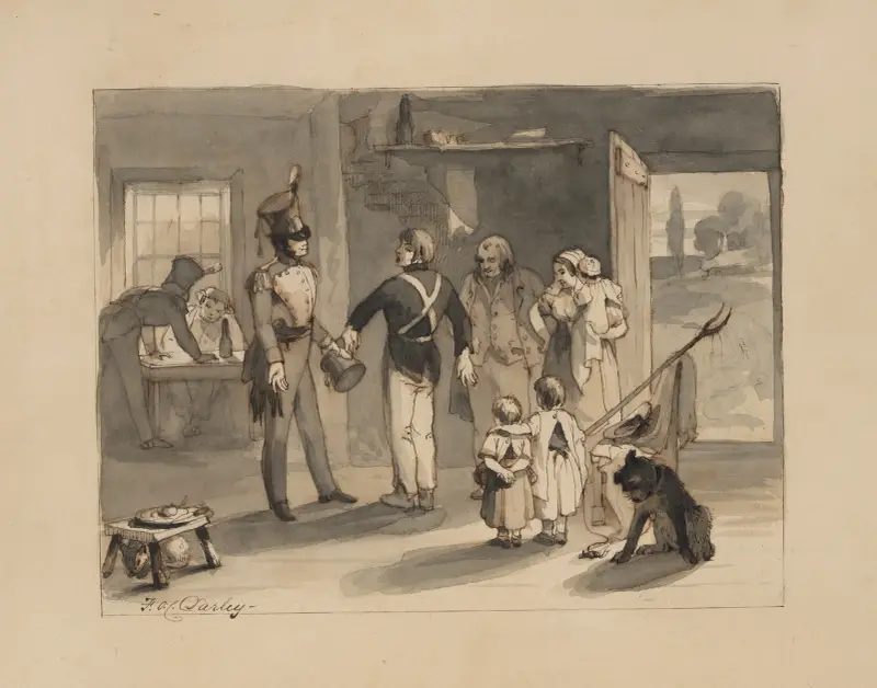 Drei Soldaten mit einer Familie und einem Hund von Felix Octavius Carr Darley