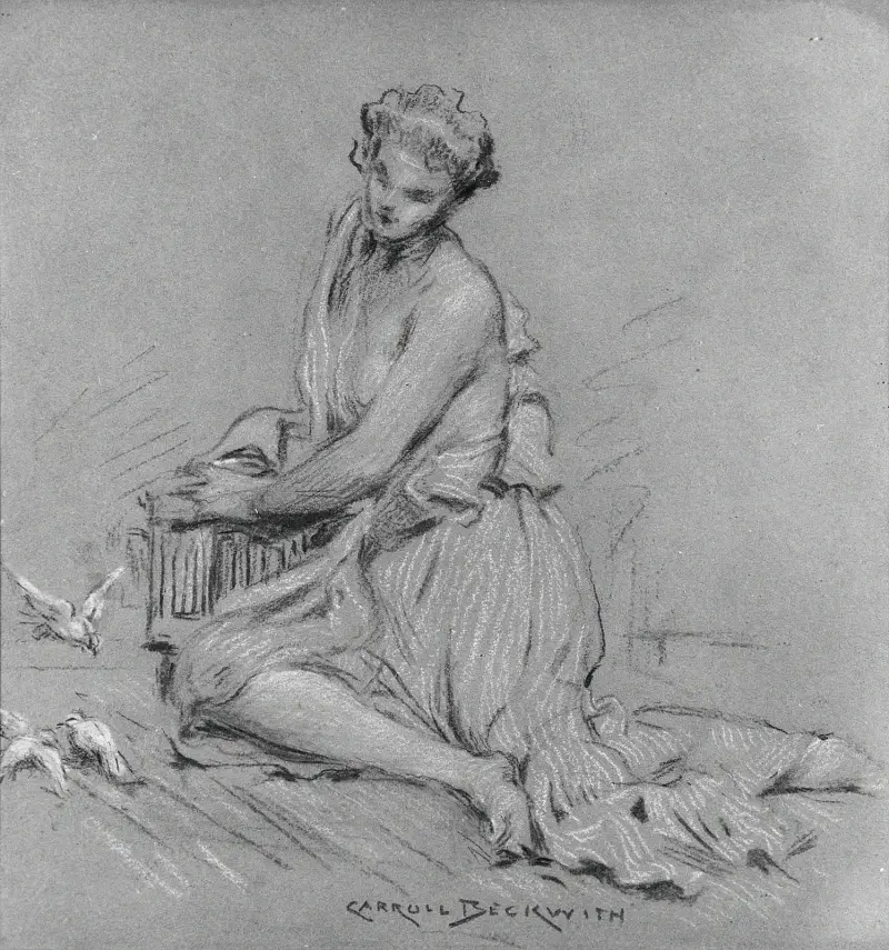 Sittande kvinna med fåglar av James Carroll Beckwith