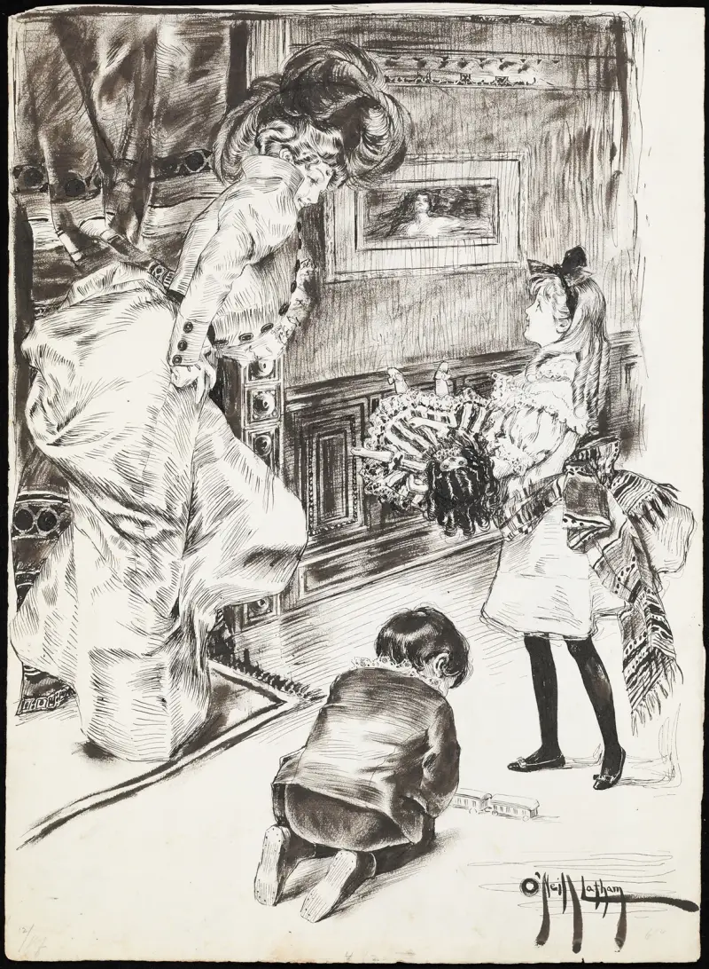 Ein Mädchen zeigt einer Frau seine Puppe, während ein Junge mit einem Spielzeugzug auf dem Boden spielt von Rose Cecil O'Neill