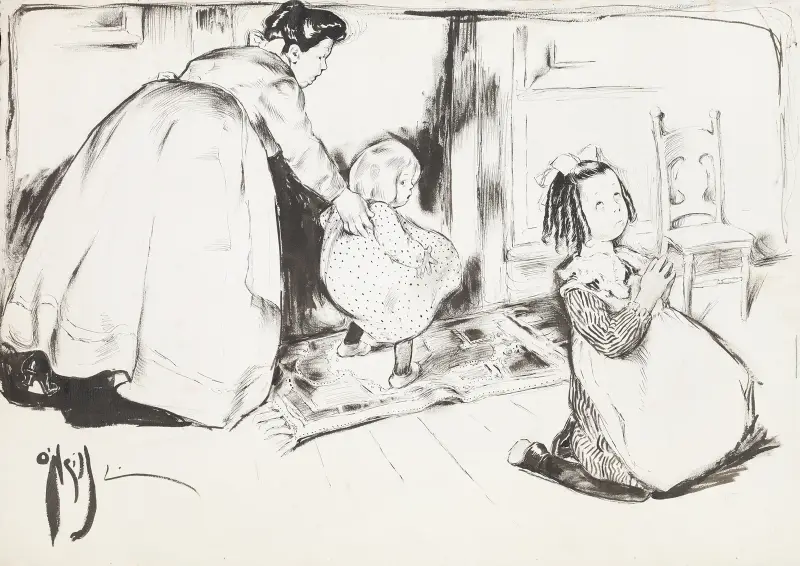 En ung flicka knäböjer i bön, medan en kvinna bakom henne leder en yngre flicka mot en tom stol av Rose Cecil O'Neill