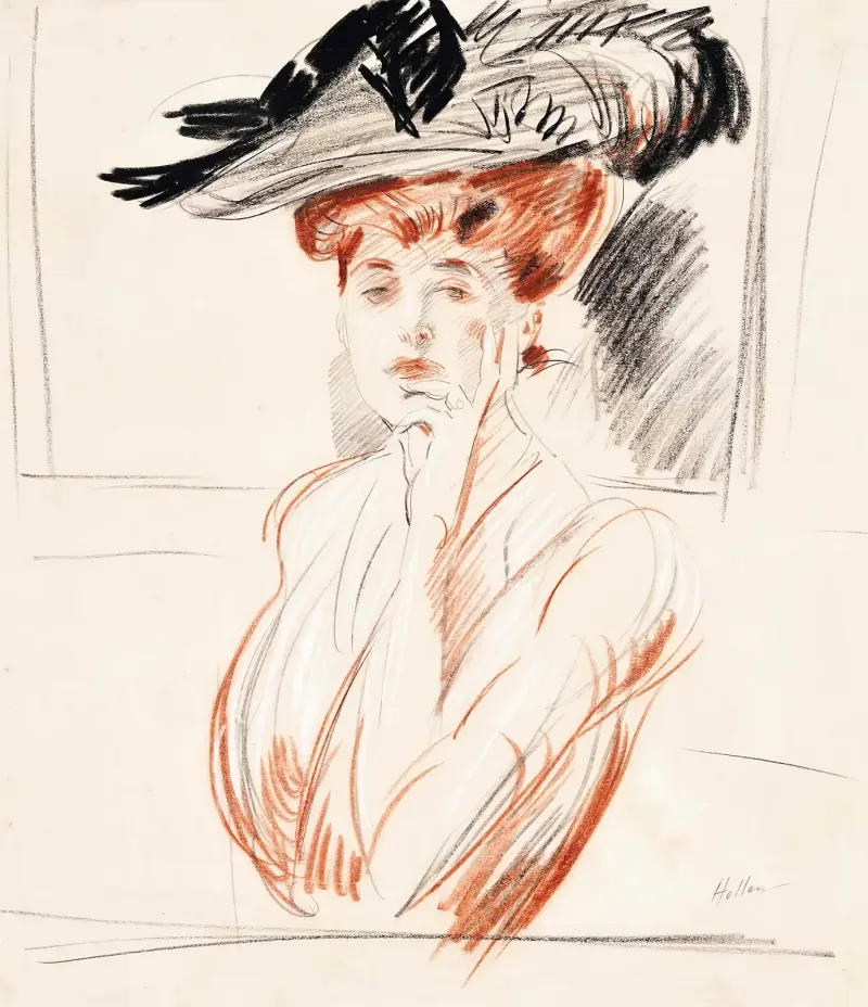 La dame au chapeau aux plumes av Paul César Helleu