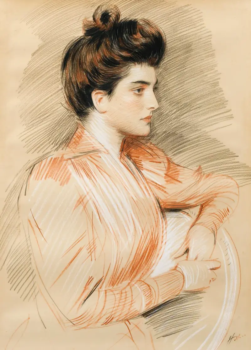 Profilporträtt av Elisabeth van Biema av Paul César Helleu