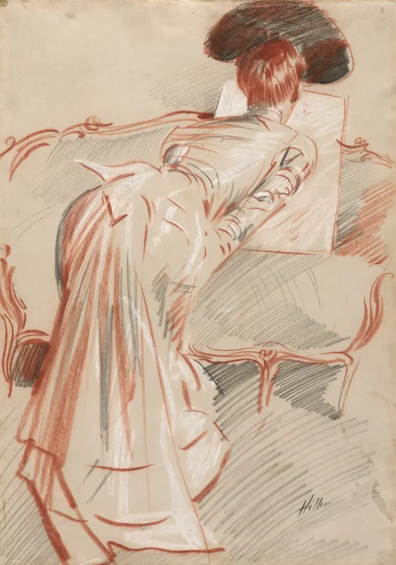 Frau (möglicherweise Madame Alice Helleu), die eine Zeichnung betrachtet von Paul César Helleu