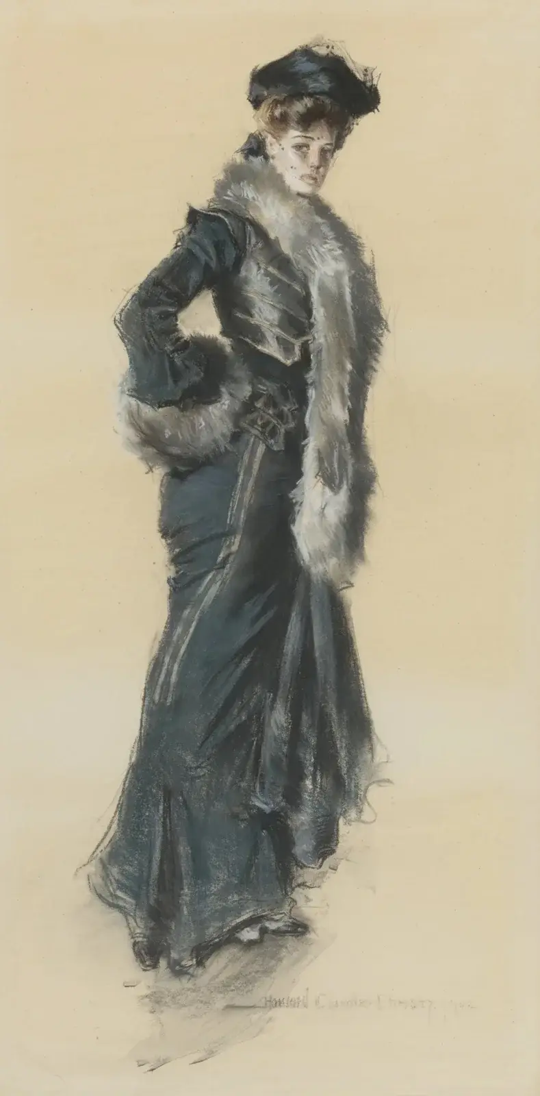 Elegant dam i pälsbrämad kappa av Howard Chandler Christy