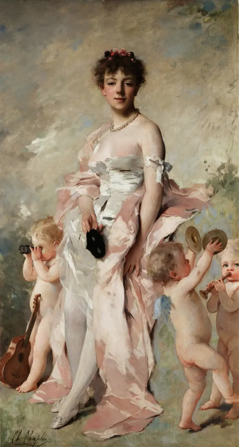 Ung kvinna i balklänning med putti av Charles Chaplin