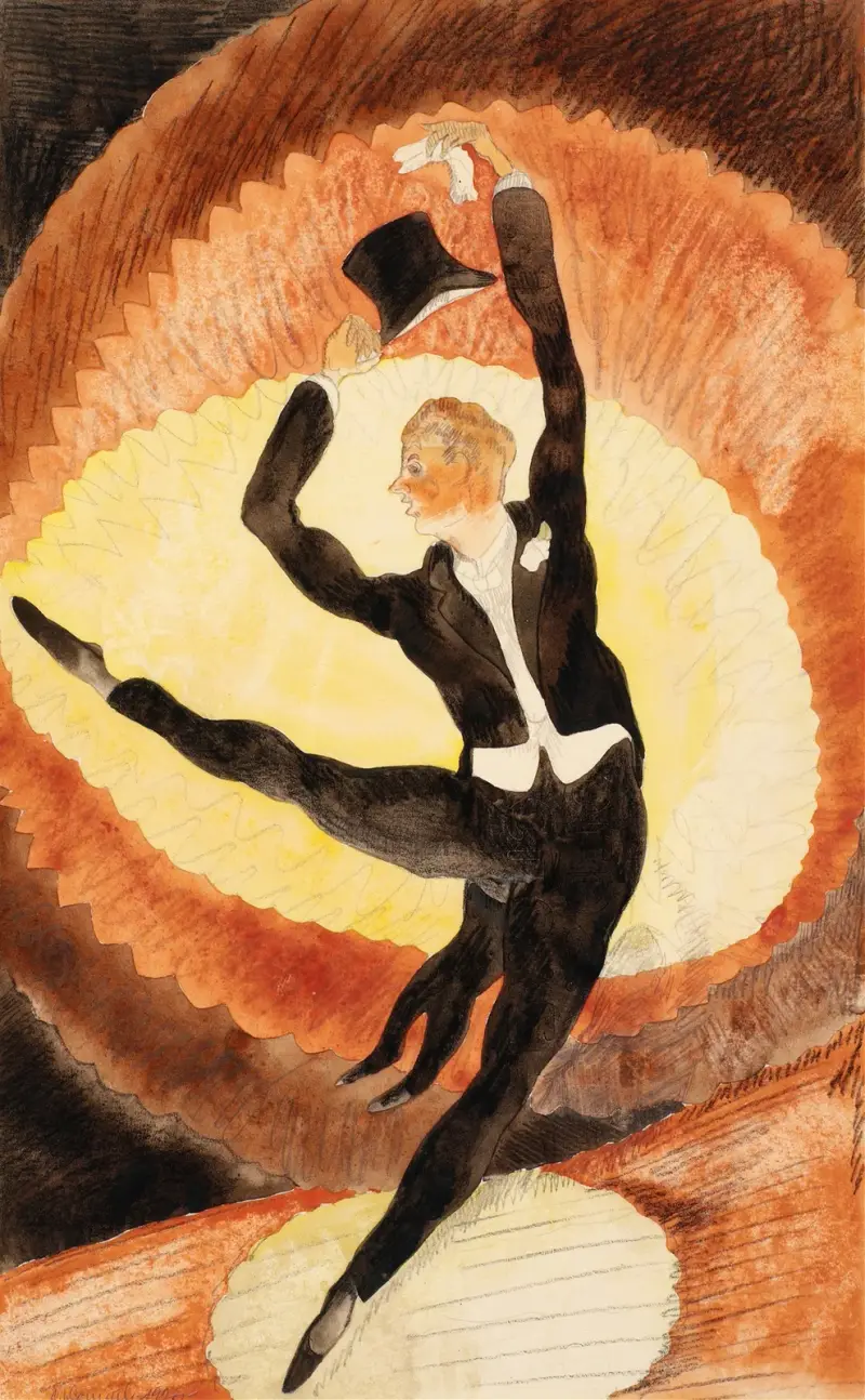 På varieté, akrobatisk manlig dansare med hög hatt av Charles Demuth