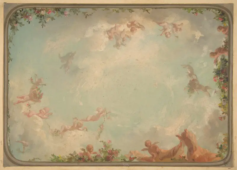 Takutsmyckning med putti i moln och rosor av Jules-Edmond-Charles Lachaise