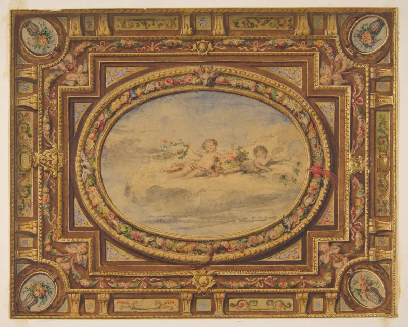 Förslag till målat tak med putti på moln i mittoval av Jules-Edmond-Charles Lachaise