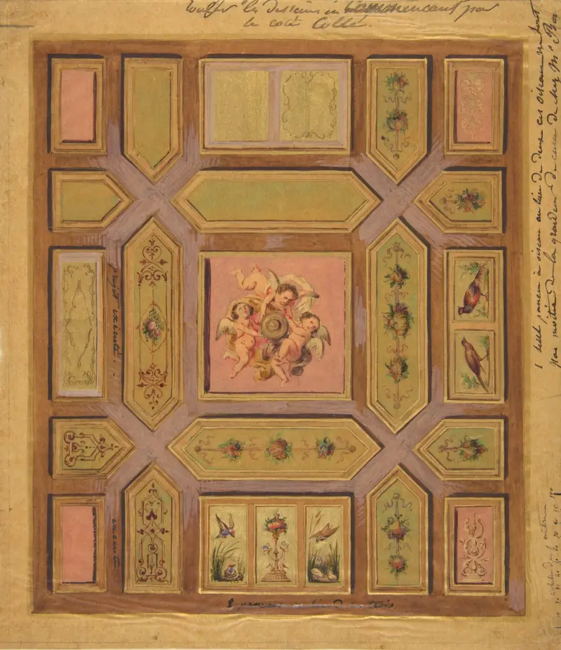 Entwurf für eine Kassettendecke mit Putten, Vögeln und Blumenmotiven von Jules-Edmond-Charles Lachaise