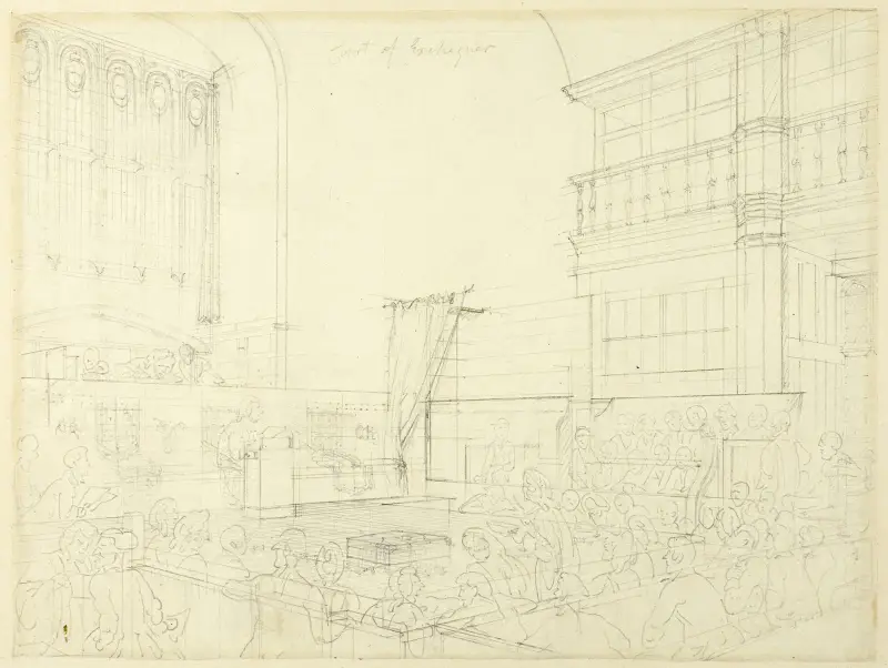 Vorstudie zum Court of Exchequer, aus Microcosm of London von Augustus Charles Pugin