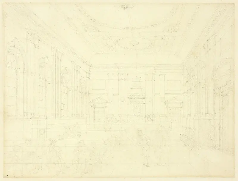 Studie för South Sea House, Dividend Hall, ur Microcosm of London av Augustus Charles Pugin