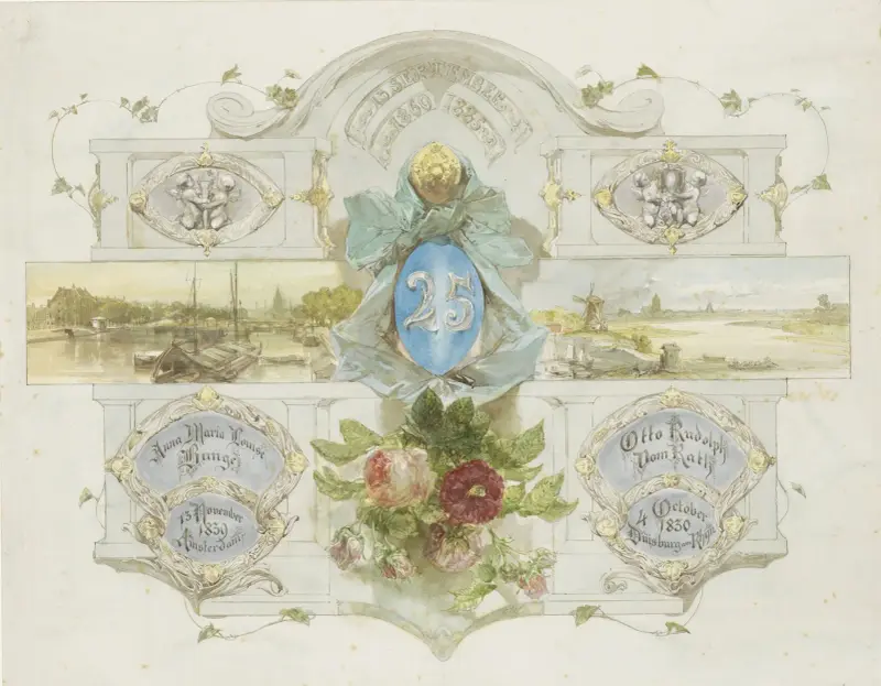 Lyckönskan på silverbröllopet mellan Otto Rudolph vom Rath och Anna Maria Louise Bunge, 1885 av Charles Rochussen