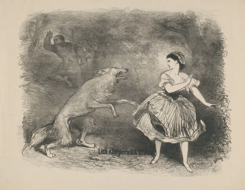 Szene aus dem Ballett „Rotkäppchen und der Wolf“ von Charles Rochussen
