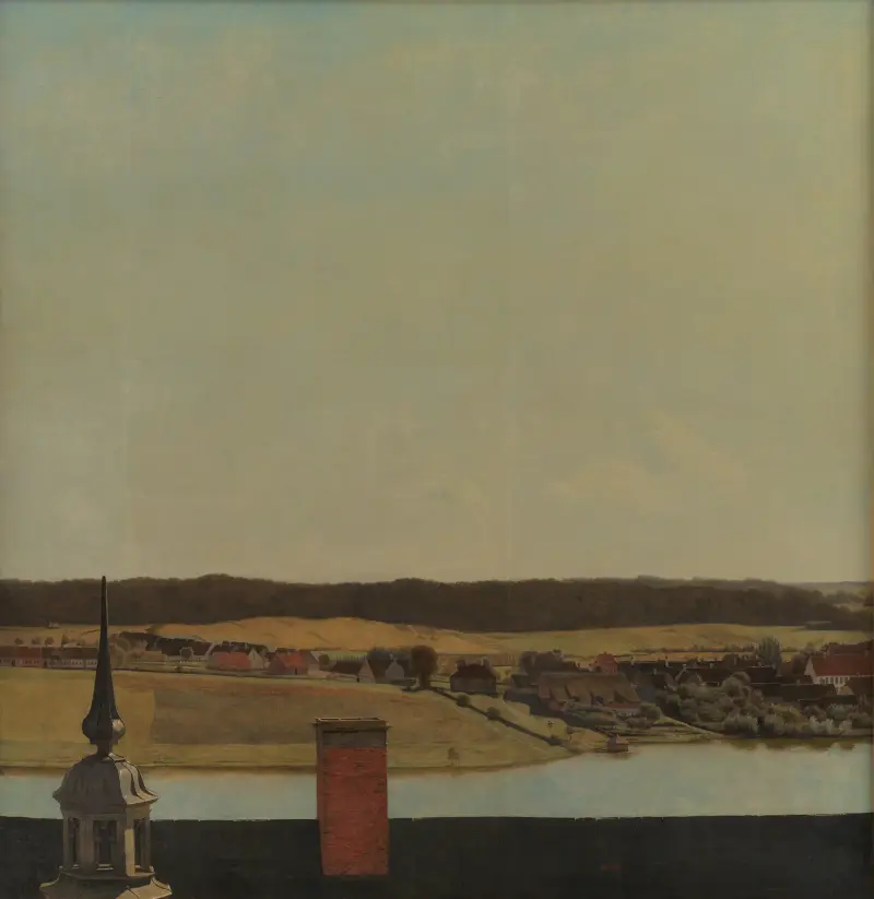 Der Dachfirst von Schloss Frederiksborg mit Blick auf See, Stadt und Wald von Christen Købke