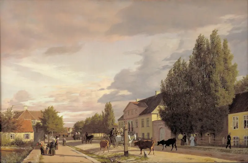 Blick auf eine Straße in Østerbro außerhalb Kopenhagens. Morgenlicht von Christen Købke