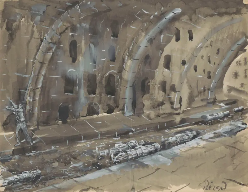 Juliette eller drömmarnas nyckel – scenografimodell – tunnel, liggande och bundna gestalter av Christian Bérard