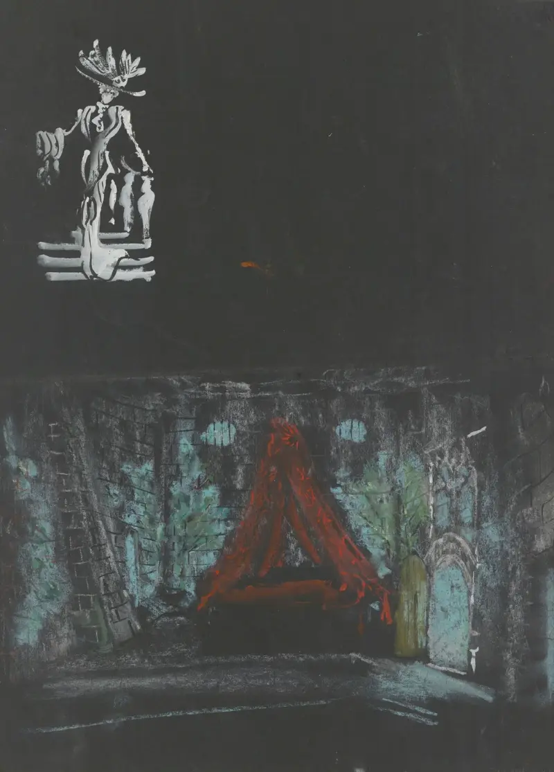Die Irre von Chaillot – Bühnenbildmodell – Akt II, Bühnenbild, Gesamtansicht, oben links Constance die Treppe hinabsteigend von Christian Bérard