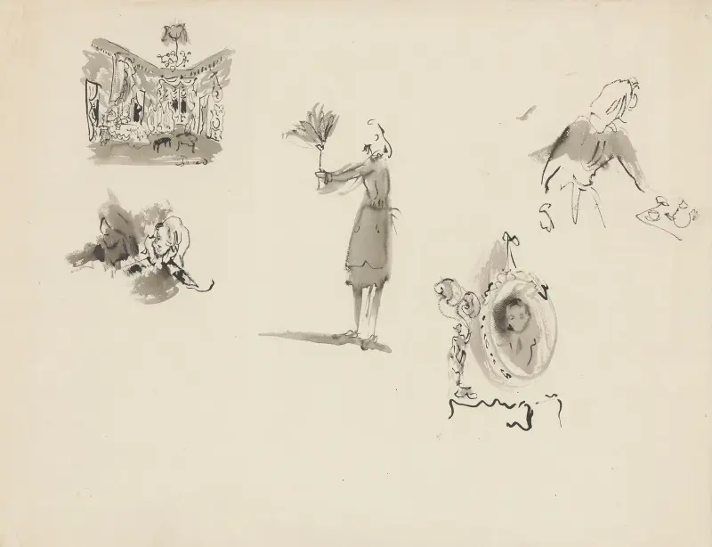 Les Bonnes – scenografimodell – plansch – en scenografi, tre kostymskisser för hembiträde, porträtt av Monsieur av Christian Bérard