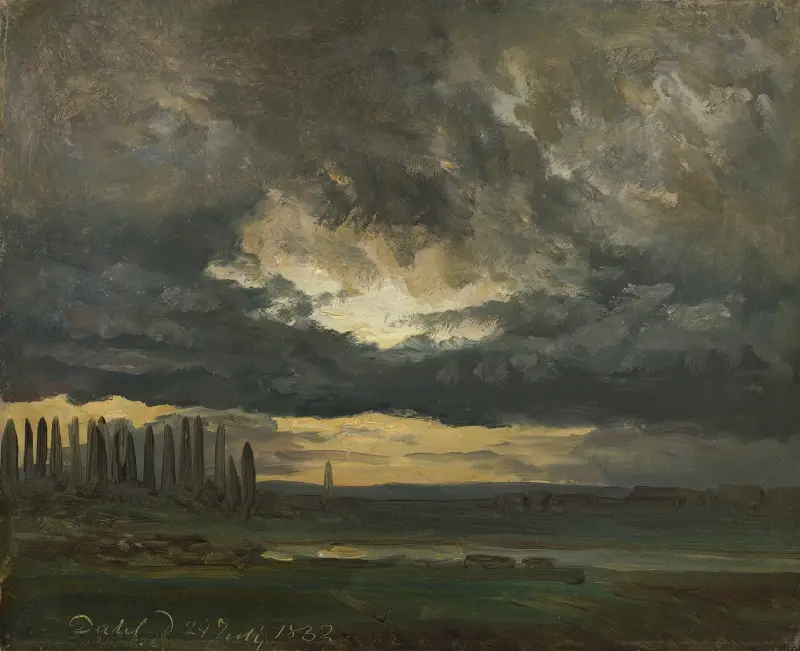 Wolkenstudie über der Elbe mit Pappeln von Johan Christian Dahl