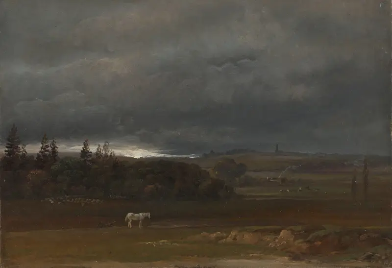 Fält nära Dresden med en vit häst av Johan Christian Dahl