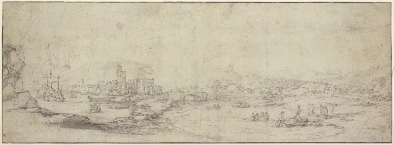 Bei einer ruinierten Festung eine Brücke über einen mit Kähnen befahrenen Fluss, links ein großes Schiff von Claude Lorrain