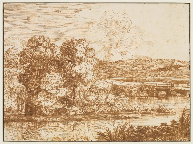 Landschaft mit Baumgruppe am Wasser av Claude Lorrain