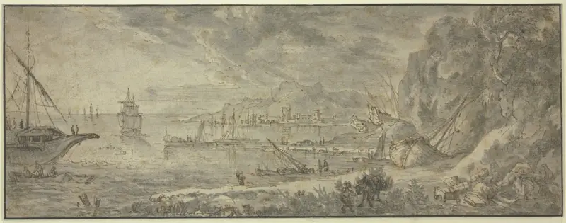 Pejzaż morski, duża skała po prawej, w głębi miasto, na pierwszym planie poganiacz mułów, Claude Lorrain