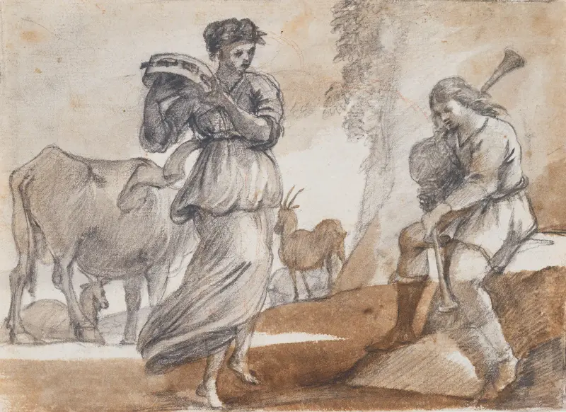 Dansös med tamburin och säckpipespelare av Claude Lorrain