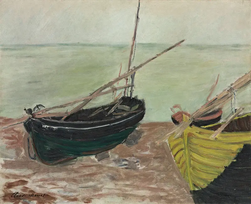 Studie av båtar på stranden vid Étretat av Claude Monet