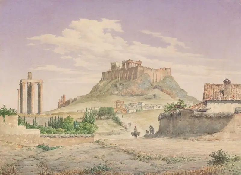 Akropolis sedd från öster. I förgrunden Olympieion och Hadrianusbågen av Harald Conrad Stilling