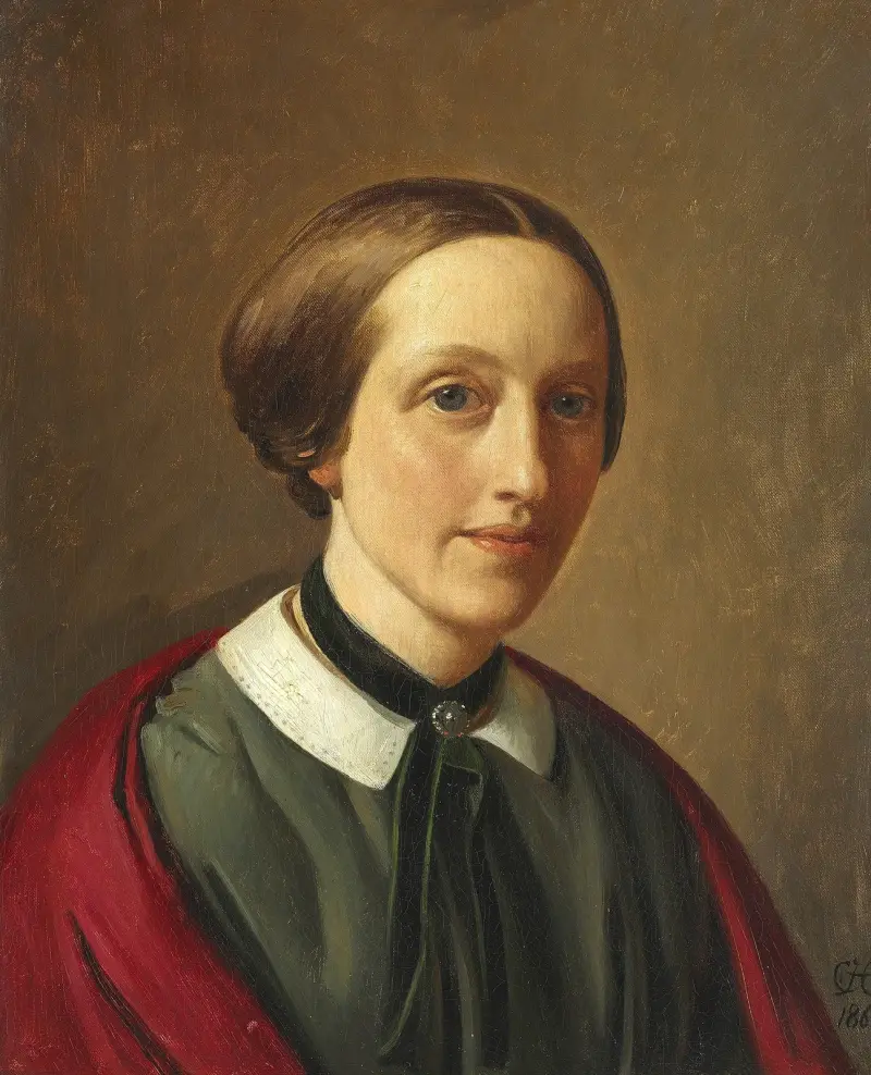 Porträtt av Michala Ingerslev, f. Aagaard från Iselingen i svart klänning och röd sjal av Constantin Hansen