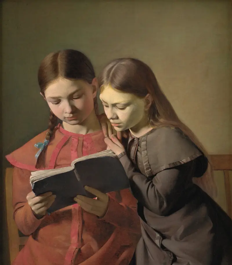 Konstnärens systrar Signe och Henriette läsande en bok av Constantin Hansen