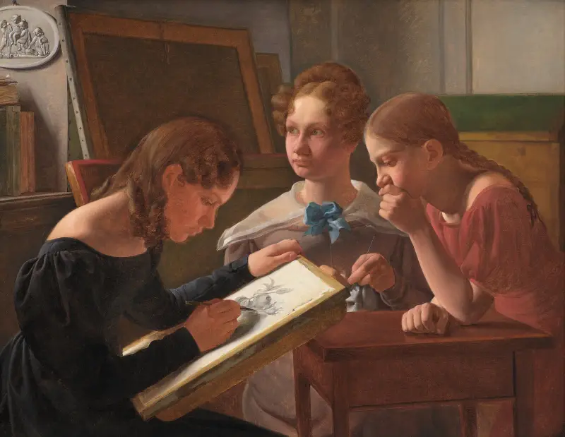 Drei junge Mädchen. Die Schwestern des Künstlers; Alvilde, Ida und Henriette von Constantin Hansen