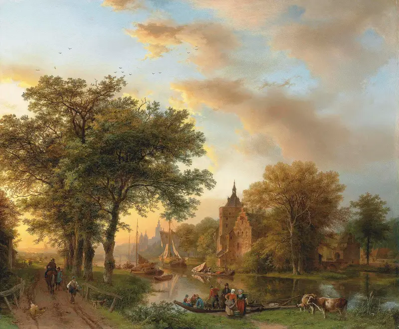 A River Landscape in Holland at Sunset av Barend Cornelis Koekkoek