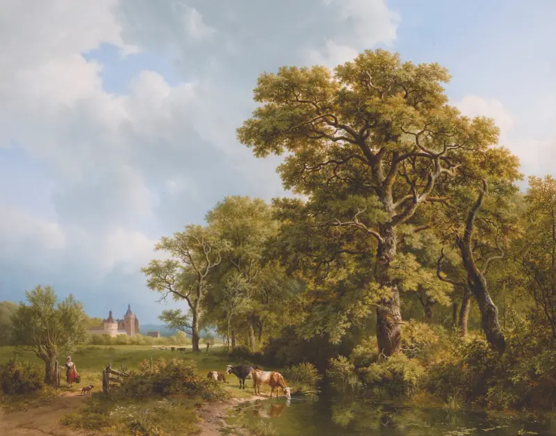 Sommarlanskap med drickande kor, slott i fjärran av Barend Cornelis Koekkoek