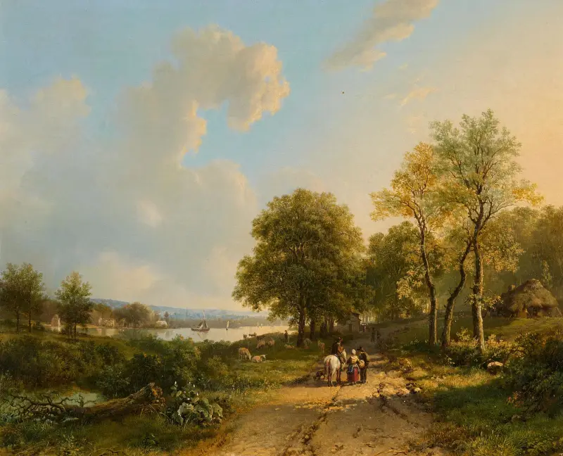 Flodlandskap med ryttare och vandrare av Barend Cornelis Koekkoek