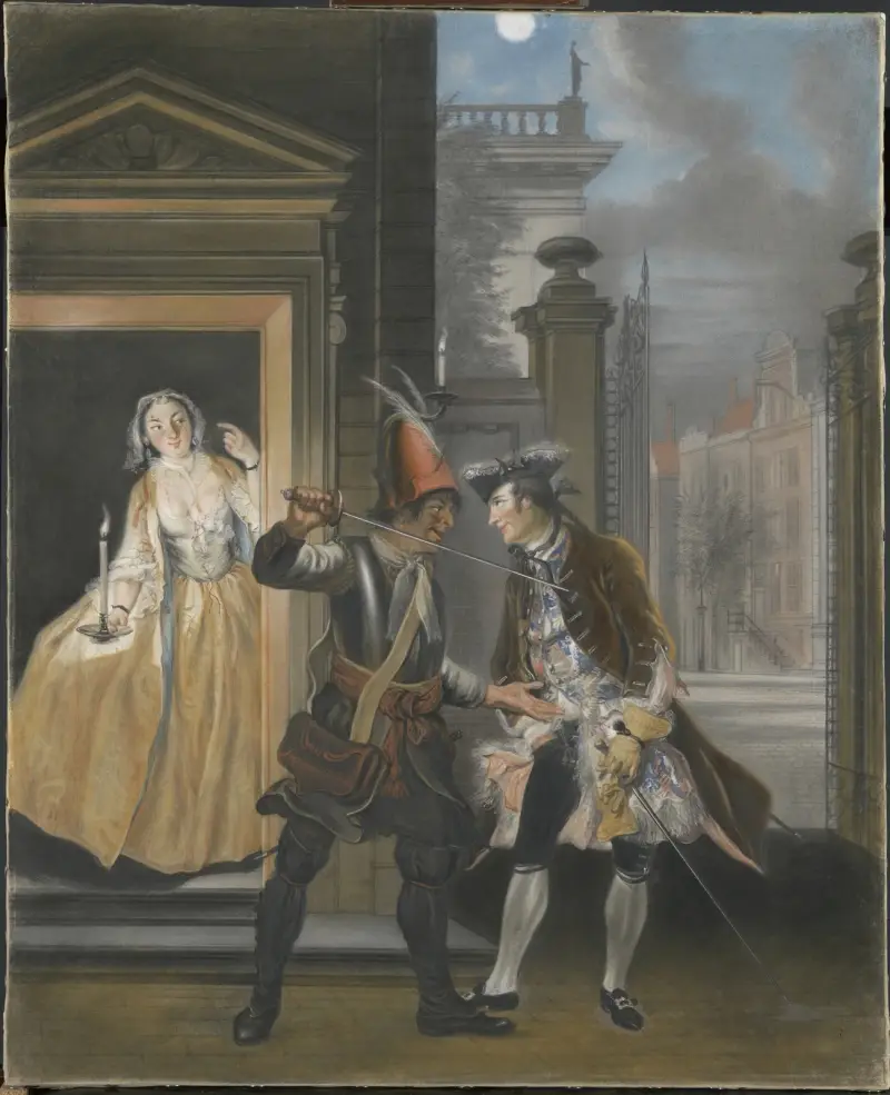 De omkopingsscène uit het tweede bedrijf van het blijspel ‘Hopman Ulrich of de bedrogen gierigheid’ van Johan van Paffenrode (1661) av Cornelis Troost
