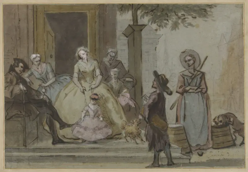 Positivspelare för en lyssnande familj på trappan till ett stadshus av Cornelis Troost